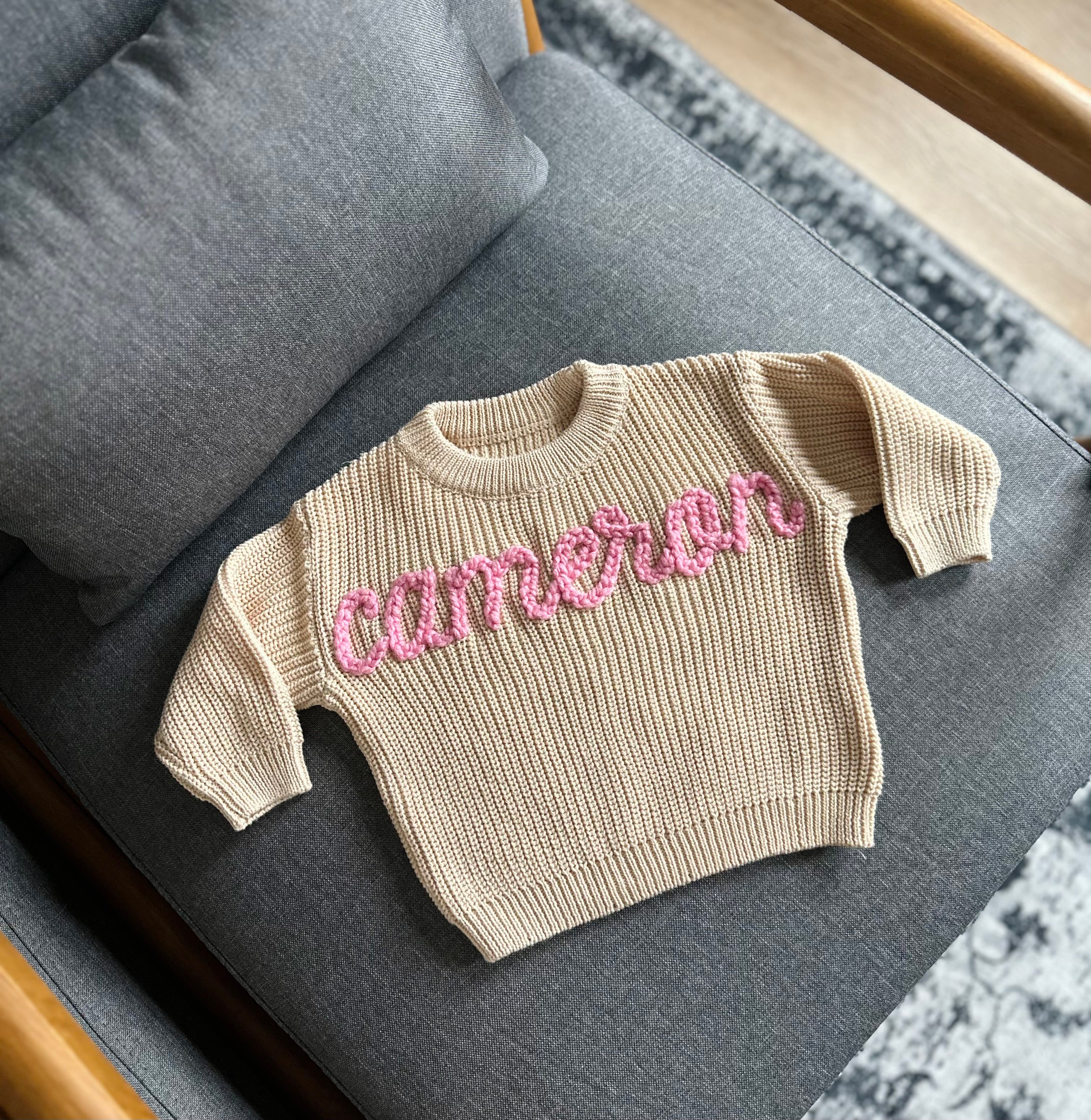 Custom Name + Design Infant & Toddler Oversized Pullover Sweater – Hand-Embroidered Knit Baby Gift
