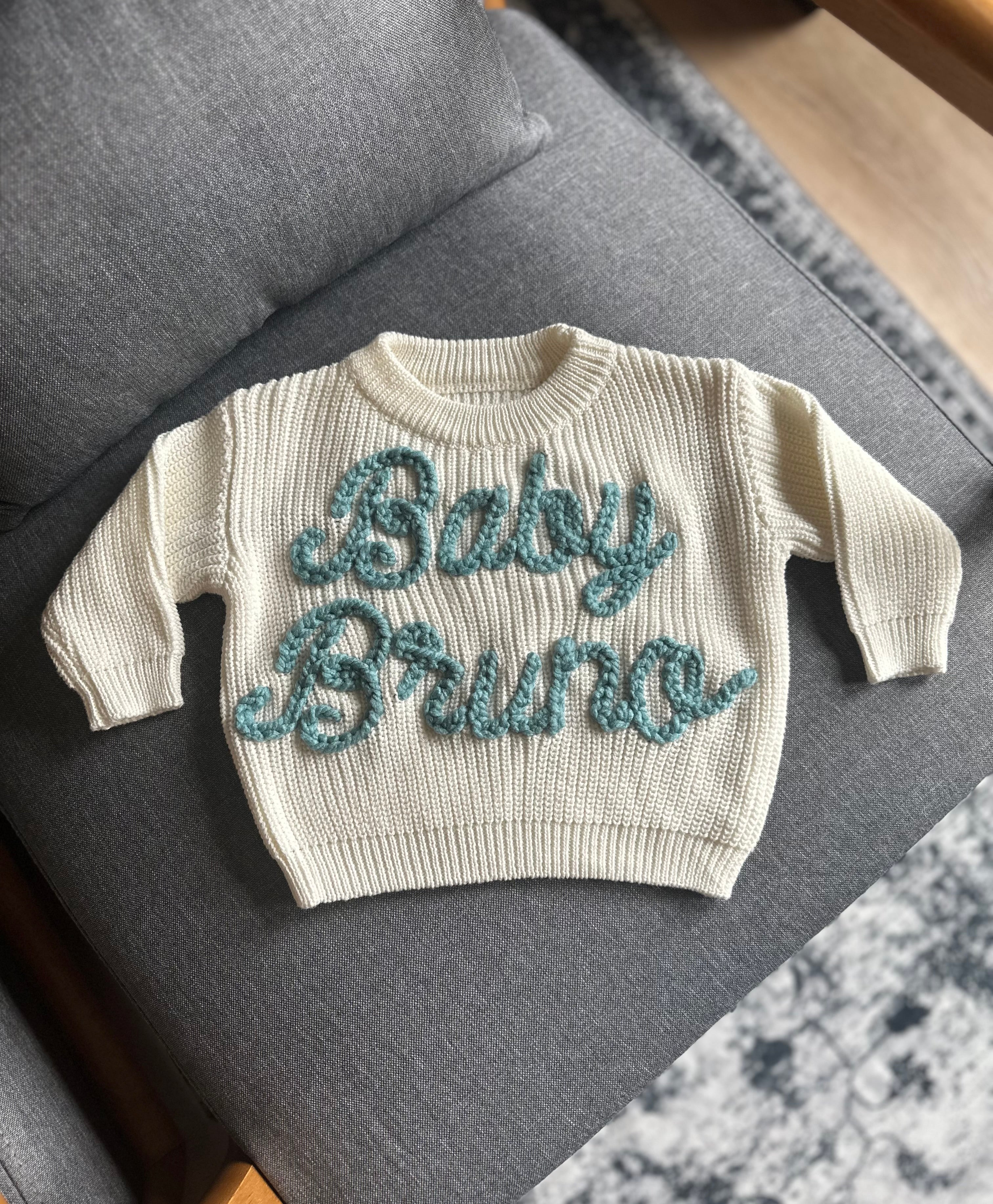 Custom Name + Design Infant & Toddler Oversized Pullover Sweater – Hand-Embroidered Knit Baby Gift