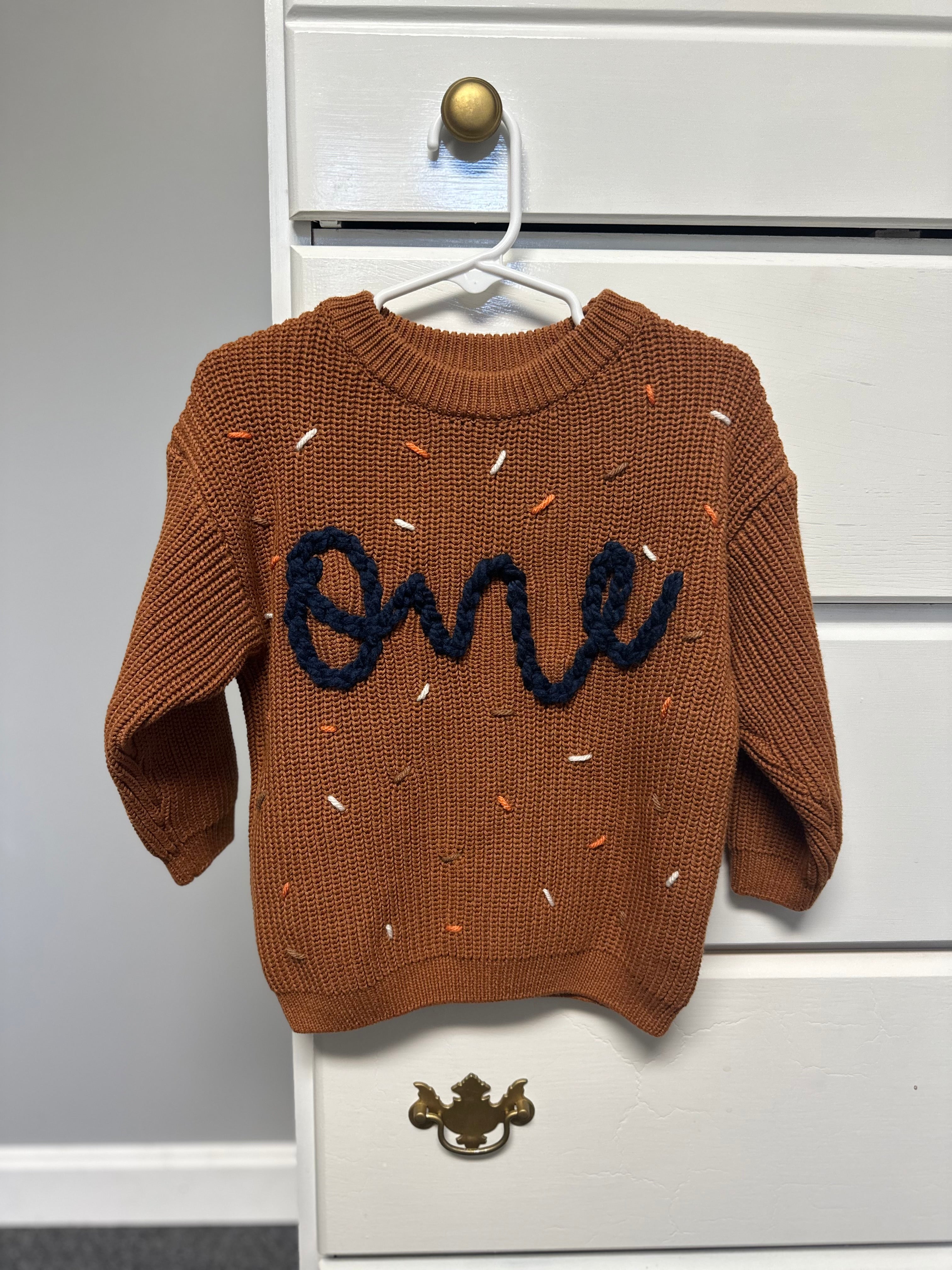 Custom Name + Design Infant & Toddler Oversized Pullover Sweater – Hand-Embroidered Knit Baby Gift