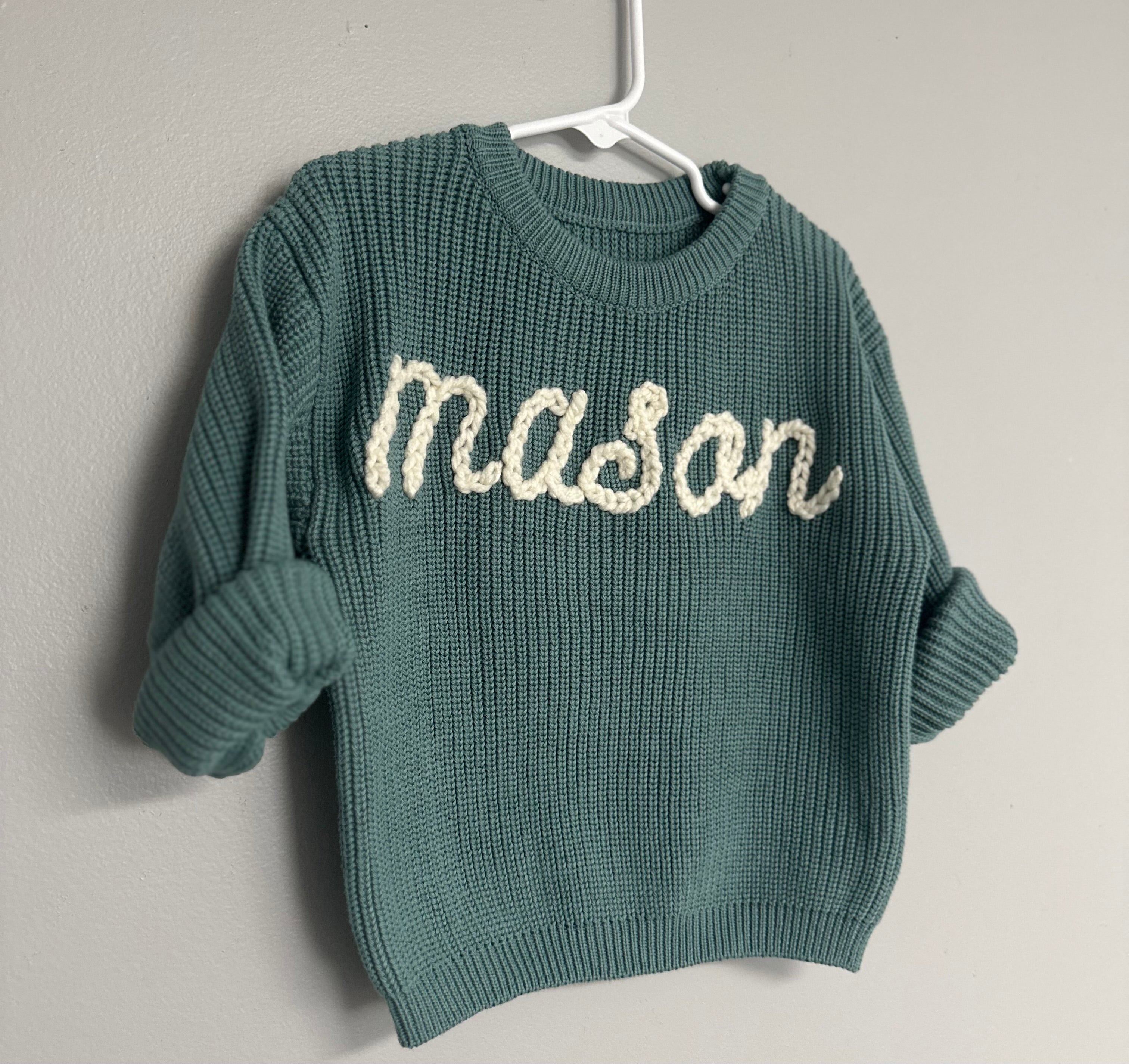 Custom Name + Design Infant & Toddler Oversized Pullover Sweater – Hand-Embroidered Knit Baby Gift