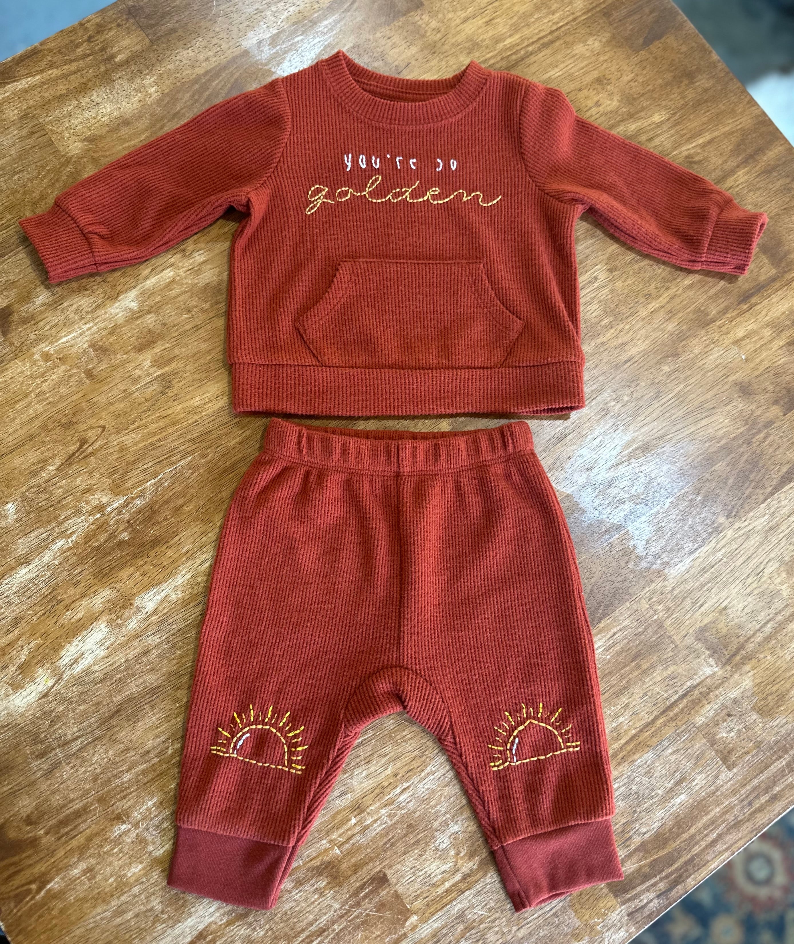 You're So Golden Hand-Embroidered 0-3 Month 2 Piece Outfit