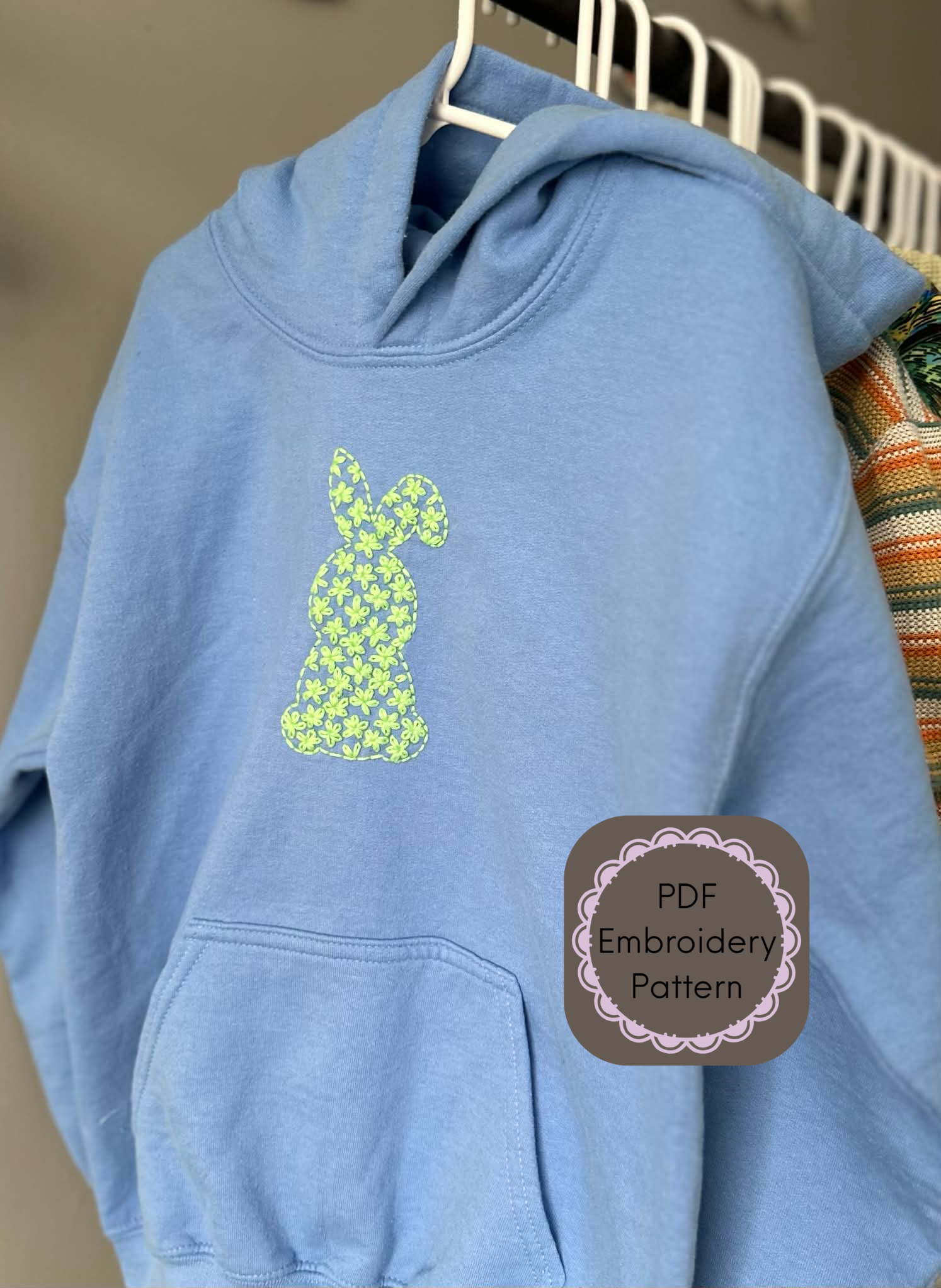 Floral Bunny Hand Embroidery Pattern: Spring Easter Rabbit (Digital File, Stick and Stitch Design, PDF)