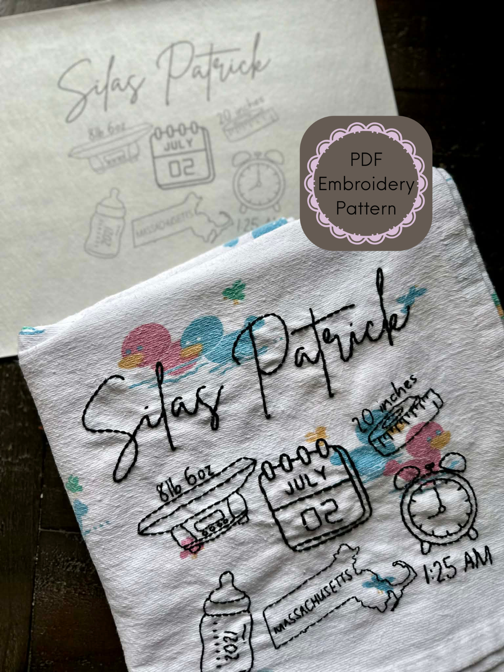 Custom Birth Stats Embroidery Pattern – Baby Keepsake (Digital File, Stick and Stitch Design, PDF)