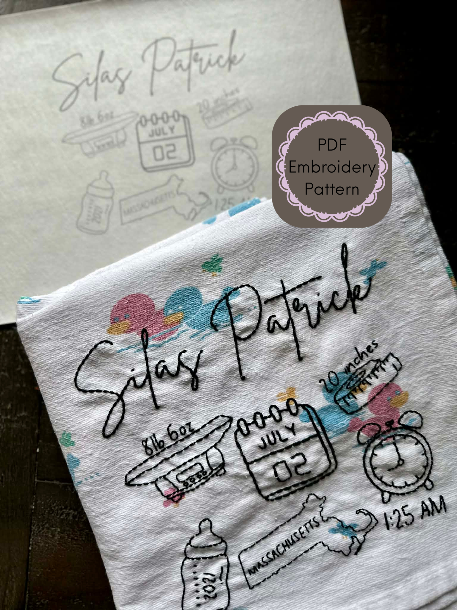 Custom Birth Stats Embroidery Pattern – Baby Keepsake (Digital File, Stick and Stitch Design, PDF)