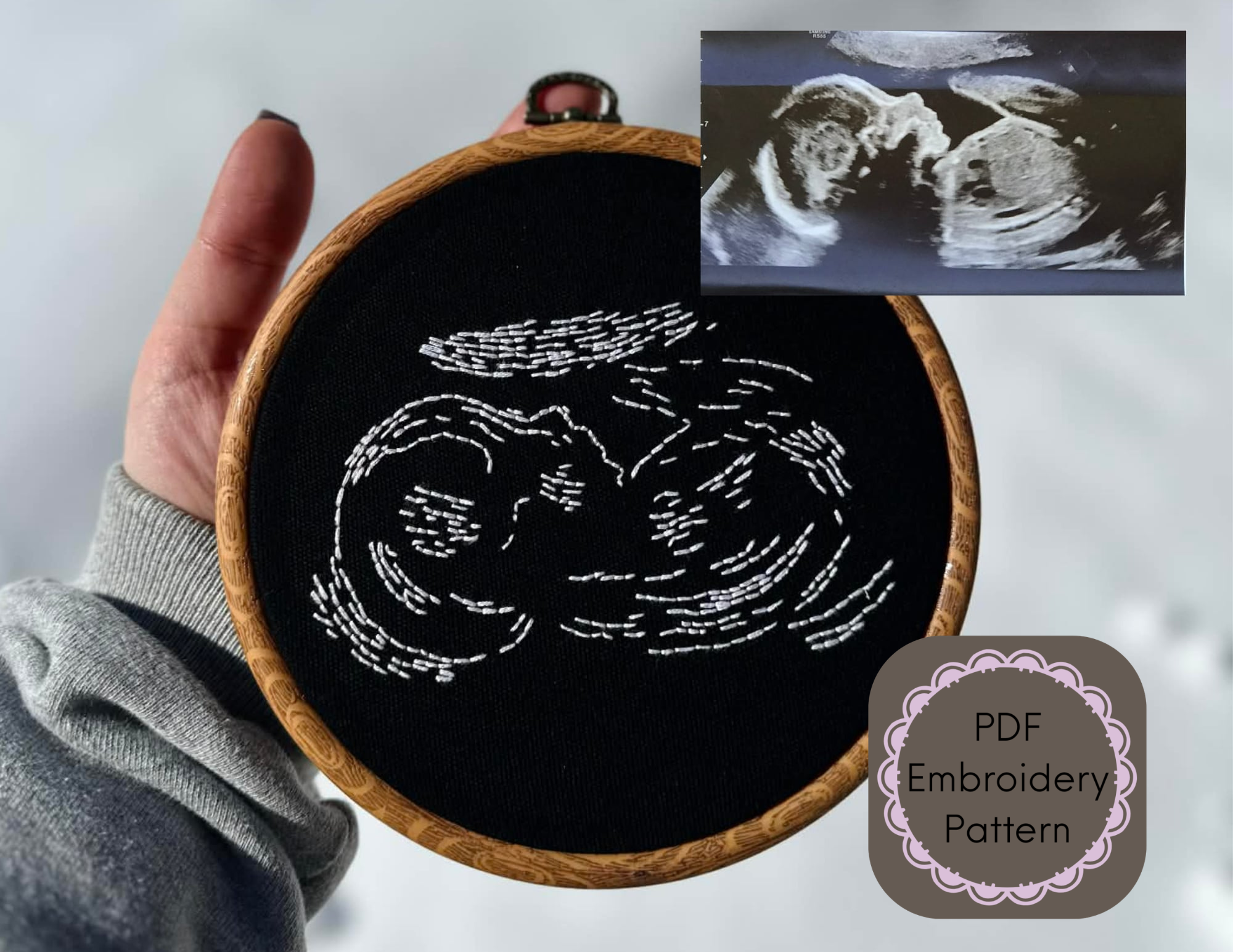 Custom Ultrasound Embroidery Hoop Pattern – Hand-Stitched Baby Keepsake (Digital File, Stick and Stitch Design, PDF)
